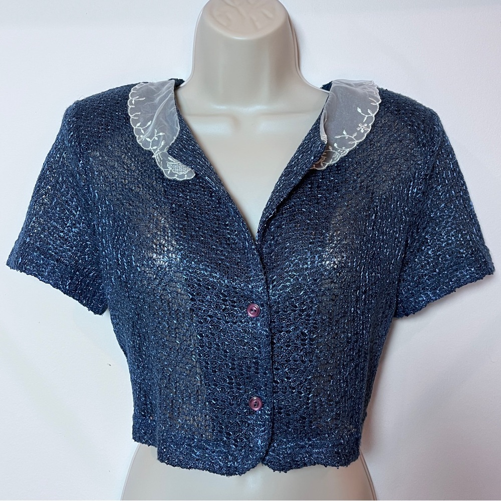 Petite Focus Vintage Women's Knit Collared Button-Up Cropped Top Grandma Cottage